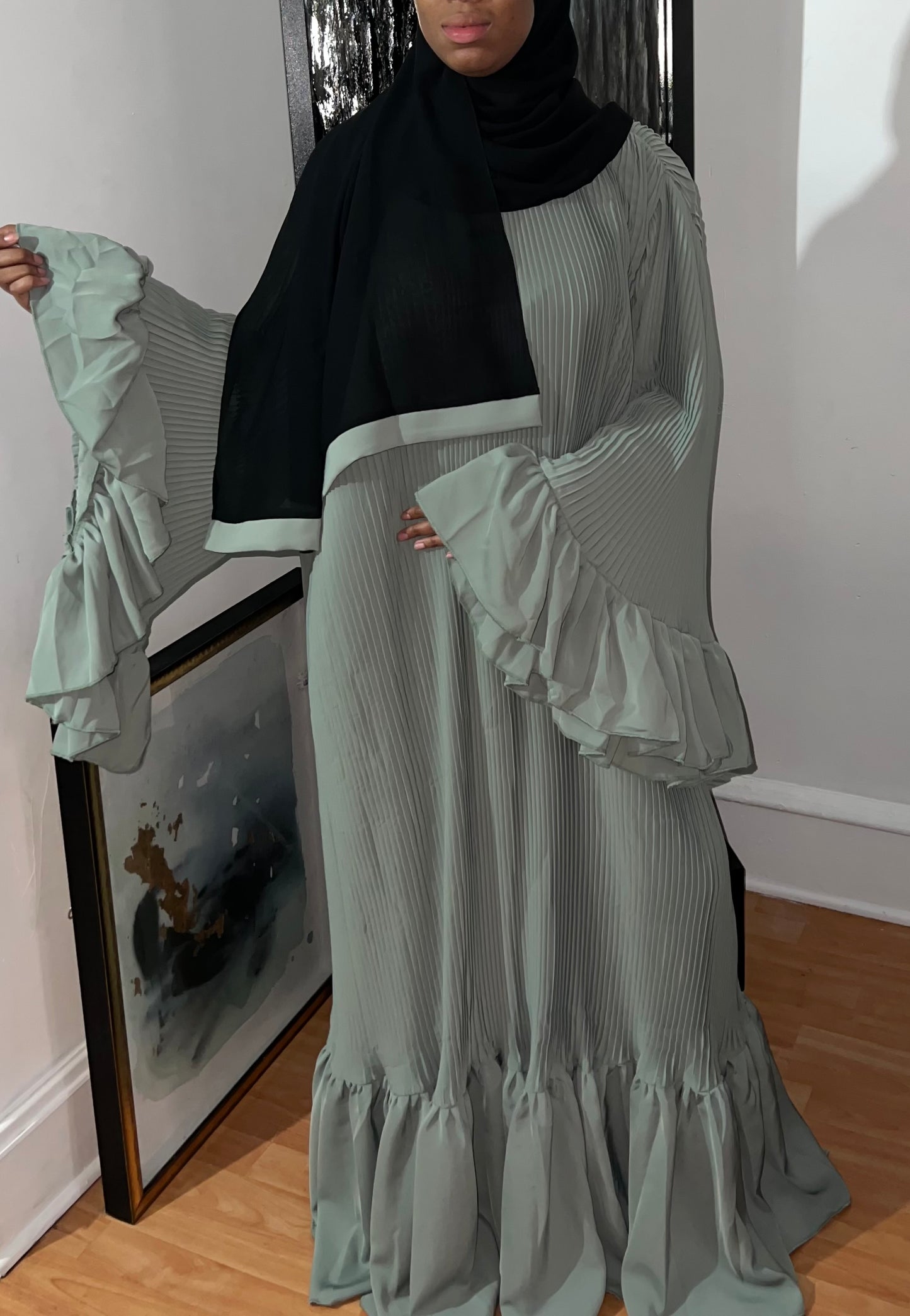 Green Pleated Abaya